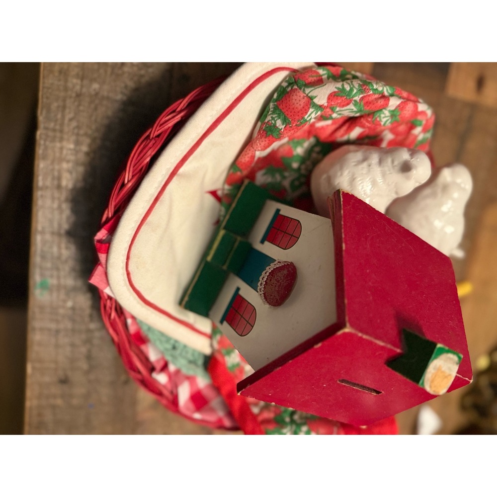 Vintage Wooden House Coin Bank Red Wicker Basket Ceramic Birds Decor Bundle
